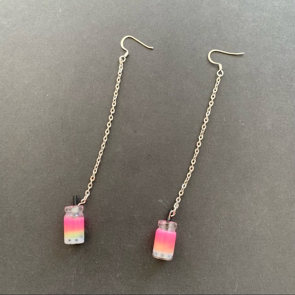 Pink & Green Bubble Tea Resin Bead Long Drop Earrings - Picture 3 of 4